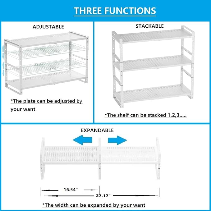Expandable,Adjustable & Stackable Spice Rack, Cabinet Kitchen Countertop Shelf Organizer,Metal Pantry Storage Shelves - Space-Saving Storage Solution(1Pack/White/Medium)