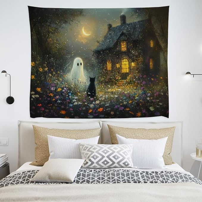 Halloween Black Cat and Ghost Tapestry Wall Hanging for Spooky Cute Bedroom Decor Dark Academia Moon Wildflower Cottage Tapestries Aesthetic for Home Living Room Decoration 60x80inch