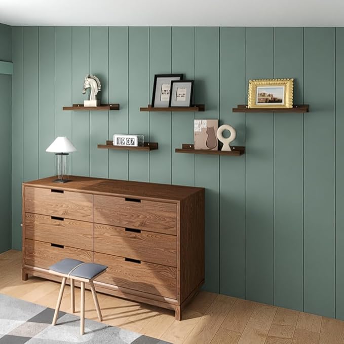 RICHER HOUSE 5 Set Floating Shelves for Wall Decor, Wall Mounted Book Shelf, Nursery Shelves Picture Ledge Shelf with Lip for Wall Storage, Bedroom, Living Room, Bathroom - Walnut