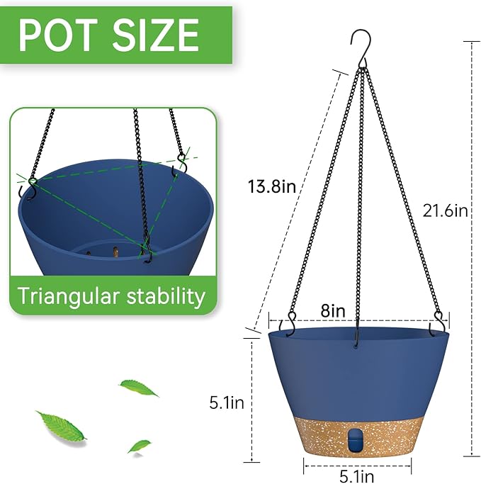 ZMTECH 8 Inch Hanging Planters for Indoor Plants, Hanging Baskets for Plants Outdoor with Visible Water Level, Hanging Flower Pots with Drainage Holes & Removable Tray(2 Pack, Blue)