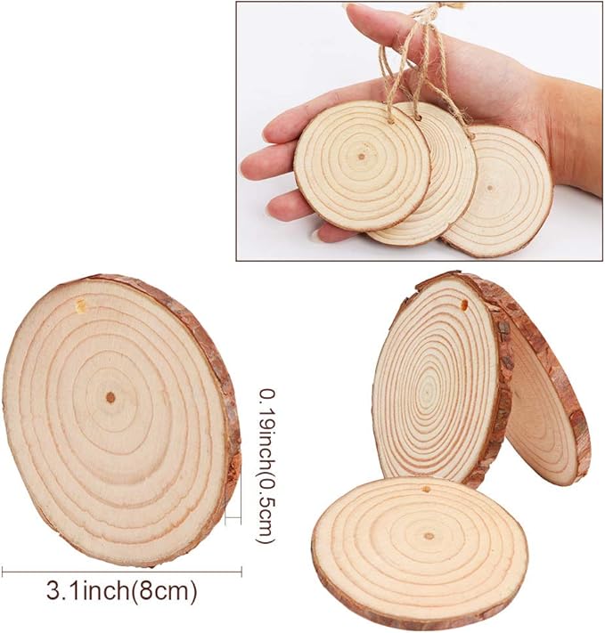 AerWo Natural Wood Slices 50 Pcs 2.7-3.1 Inches Craft Wood Kit Unfinished Predrilled with Hole Wooden Circles Tree Slices for Arts and Crafts Christmas Ornaments DIY Crafts