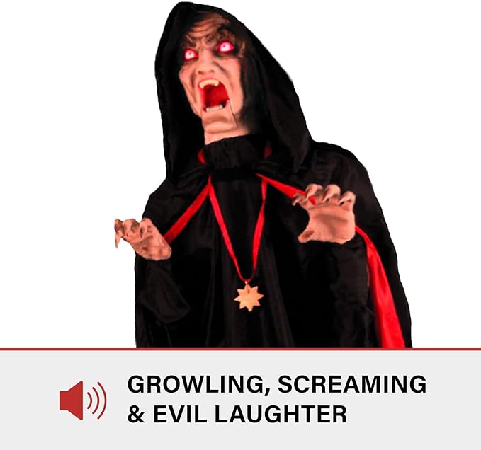 Haunted Hill Farm Motion-Activated Lurching Vampire by Tekky, Lunging Halloween Animatronic for Indoor or Covered Outdoor Creepy Halloween Decorations, Plug-in or Battery Operated Halloween Prop