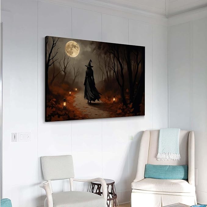 Moonlight witch poster dim lantern Halloween decoration Gothic style dark retro college style canvas wall art suitable for living room bedroom24x36in Wood Framed