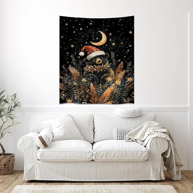 Whimsical Christmas Tapestry Moon Stars Dark Aesthetic Wall Hanging Decor Cute Bear Tapestries for Kids Room Decoration Funny Christmas wall art for Bedroom Dorm Living Room 40x60inch