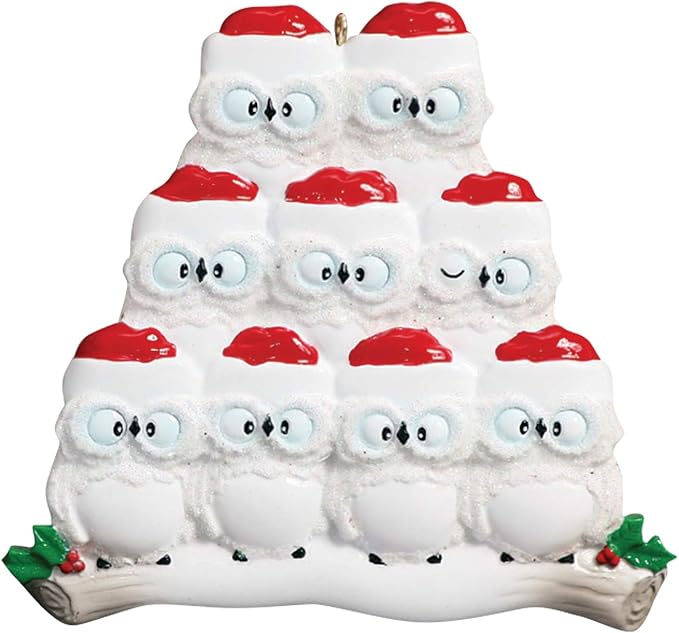 3D Owl Family of 9 Christmas Ornament 2025 Personalized Family Christmas Ornaments 2025 | White Holiday Keepsake Personalized Tree Ornaments Customizable Gifts Woodland Owls of Nine Ornament Holly