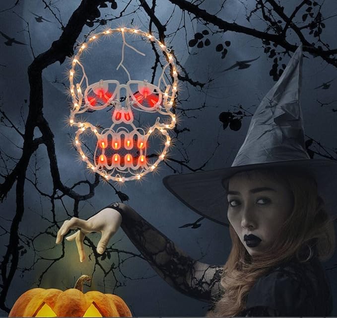 13.3" Lighted Skull Halloween Window Silhouette Decoration,Halloween Lighted Window Decoration,Hanging Light Up Holiday Ornament (Skull Light)