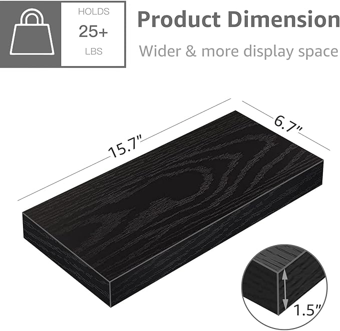 QEEIG Floating Shelves for Wall Bathroom Shelf Bedroom Kitchen Living Room Hanging Book Shelves Small Farmhouse Decor 16 inch Set of 3, Black (015-B3)