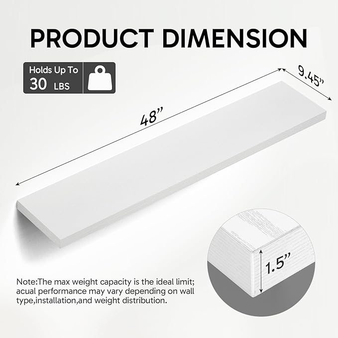 BAYKA Floating Shelves, 48 inches Long Heavy Duty Wall Mounted Rustic Wood Shelves for Bathroom, Bedroom, Living Room, Kitchen, Office, Hanging Shelf for Books/Storage/Decor(White,Set of 2)
