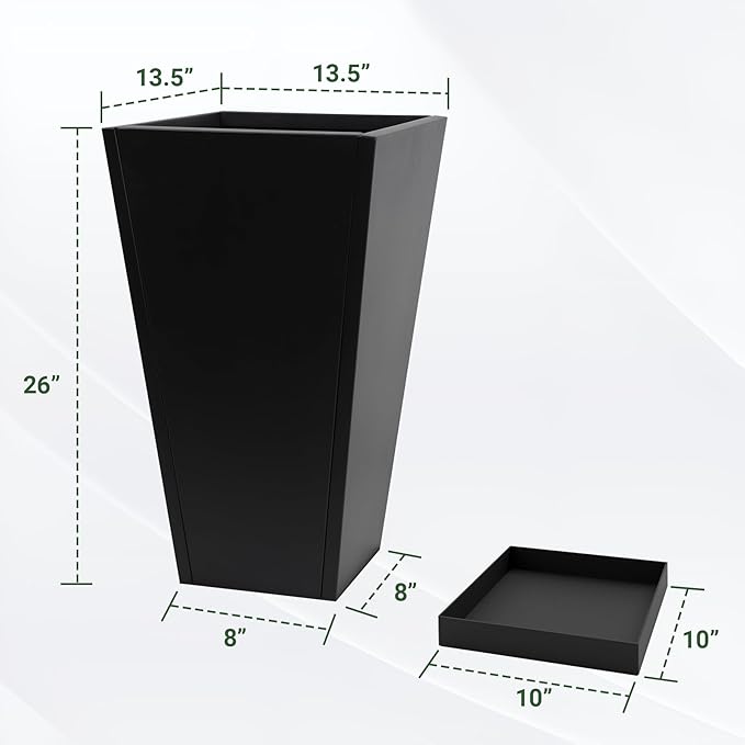 Tall Metal Planter 26" H - 2 Pack, Tall Planters with Removable Insert Shelve & Saucer Trays, Metal Outdoor Planters for Porch, Garden, Patio, Yard(Black)