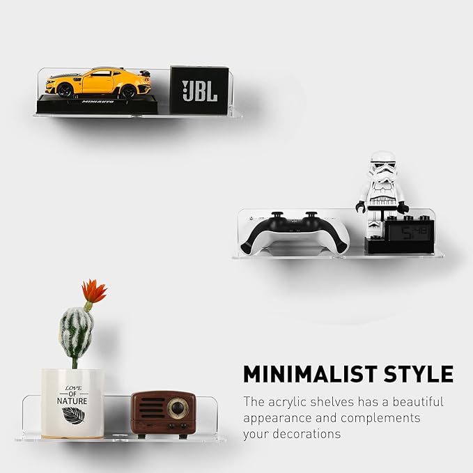 OAPRIRE Clear Acrylic Floating Shelves Set of 2 - Easily Expand Wall Space - 12 Inch Small Wall Shelf with Strong Adhesive for Bathroom, Bedroom, etc