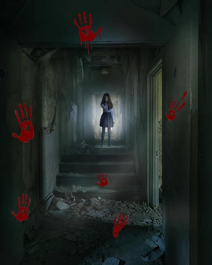 Halloween Bloody Handprint Footprint Window Stickers Wall Stickers for Halloween Party Decorations Inside Outside Decor Come with Plastic Scraper Tools 2pcs
