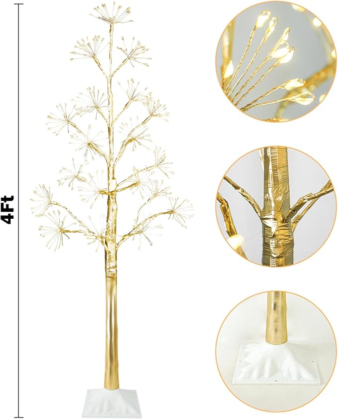 4FT Lighted Birch Tree Christmas Artificial Twig Tree with 380 LED Lights Timer 8 Mode Xmas Tree for Holiday Party Wedding Indoor Outdoor Decor
