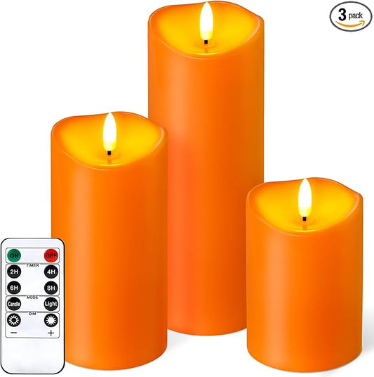 NURADA Outdoor Flameless Candles with Remote Timer - Waterproof Realistic Flickering LED Pillar Electric Battery Operated Fake Candle for Halloween Home Fireplace Decor - 3 Pack Orange (D3”H4”6”8”)