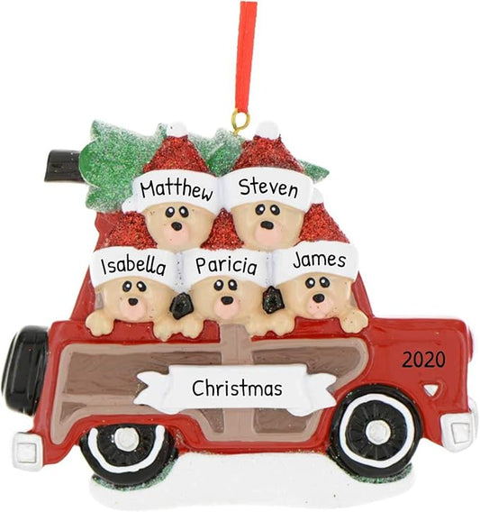 3D Road Trip Bears Family of 5 Ornament 2025 Personalized Family Christmas Ornaments 2025 | Snowy Tree Red Truck Personalized Tree Ornaments for Grandchildren, Siblings & Grandkids of Five Ornament