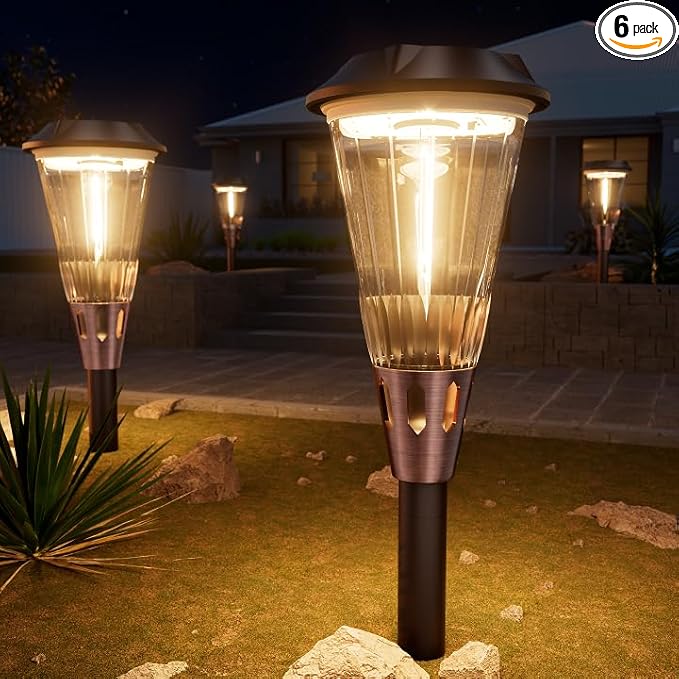 Bright Solar Lights Outdoor 6 Pack, 2-in-1 Warm&Cool Solar Pathway Lights Waterproof IP65, Auto On/Off Outdoor Light for Path Walkway Driveway Lawn