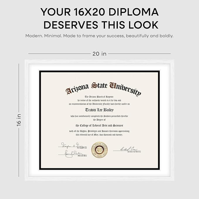 Homeforia 16x20 Diploma White Frame, High End Oak 16 x 20 Certificate Wood Frames with Mat 14 by 17 inch, 20x16 Document Frame Matted to 14x17, Wooden Degree Frames, Tempered Glass, Wall Kit, Set of 1