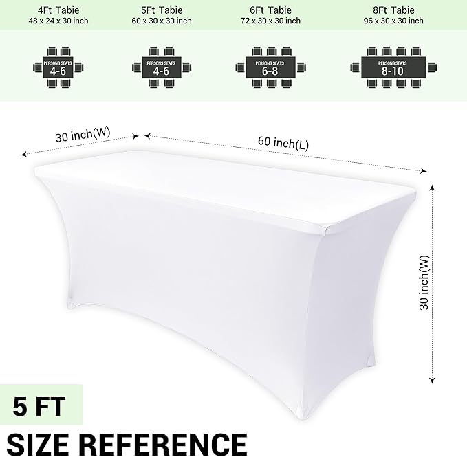 Obstal Spandex Table Cover 5ft Fitted Tablecloth Rectangular - Stretch Rectangle Folding Table Cloth for Birthday Party Wedding Banquet, White, 60L x 30W Inch