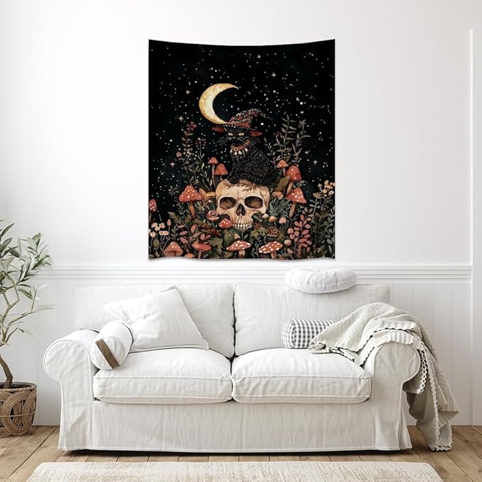 Halloween Witch Cat Tapestry Gothic Skull and Mushroom Artwork Print Spooky Halloween Witchy Wall Hanging Decor Black Cat Crescent Moon art Tapestries for Living Room Bedroom Decoration 40x60inch
