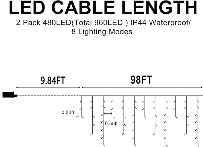 Heceltt Christmas Lights Outdoor, 2 Pack Total 98FT 960 LED Ice Lights for Outside with 180 Drops 8 Modes Timer Memory, Plug in Waterproof for Holiday Eaves Yard Roof Party Decor (Red and Warm White)