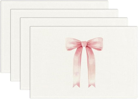 Pink Bow Placemats Set of 4, Table Mat for Home Kitchen, Restaurants, Outdoor Linen Washable Place Mats 12x18 inch Party Event Dining Decoration-05