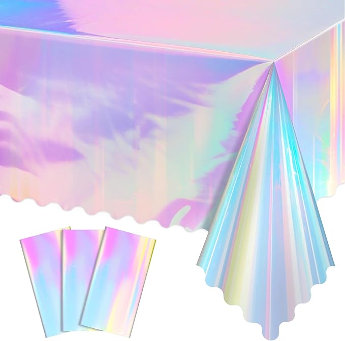 3 Pcs Iridescent Plastic Tablecloth, 54 x 108 Inch Disposable Scalloped Table Covers Waterproof Rectangle Iridescence Table Cloths for Bachelorette Bridal Shower Wedding Birthday Iridescent Decor