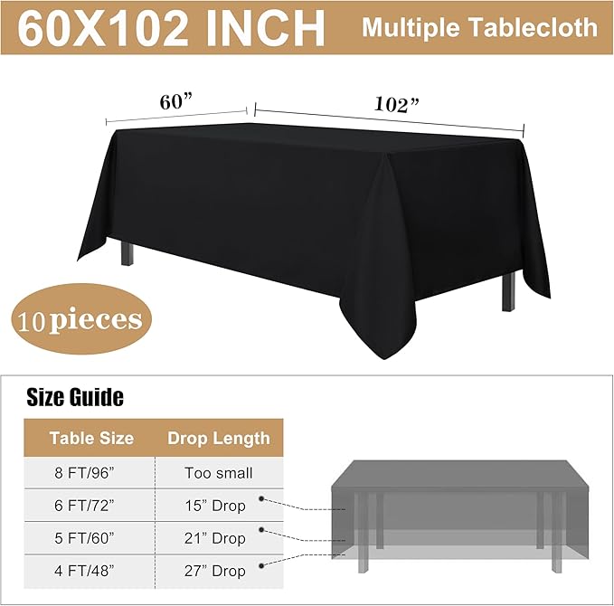 sancua 10 Pack Black Tablecloth 60 x 102 Inch, Rectangle Table Cloth for 6 Feet Tables - Stain and Wrinkle Resistant Washable Polyester Table Cover for Dining Tables, Buffet Parties and Camping