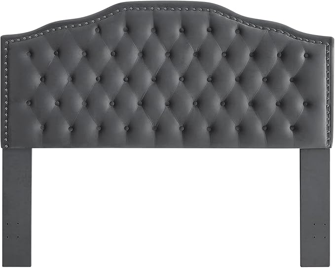 24KF Upholstered Button Tufted Queen/Full Size Headboard with Nailhead Trim, Soft Velvet Fabric - Dark Gray