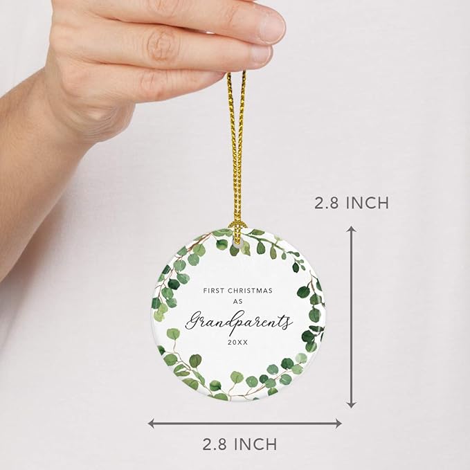 Andaz Press Custom Year Round Ceramic Porcelain Christmas Tree Ornament Keepsake Collectible Gift, First Christmas as Grandparents 2025, Farmhouse Eucalyptus Wreath, 1-PackNew