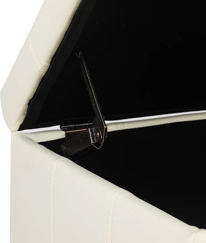 Adeco Faux Leather Storage Ottoman with Hinged Lid, 17.5 Inch High Cream White Square Cube Foot Stool with Storage, Upholstered Vanity Stool with Solid Wood Legs for Living Room, Bedroom, Dorm