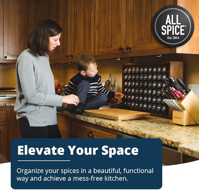 AllSpice Spice Rack Organizer, Wood, 525 Unique Labels, Countertop or Wall Mount, Includes 60 4oz Jars- Walnut Stain