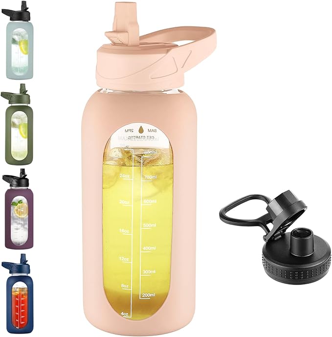 32 oz Glass Water Bottle with Straw and Handle, Sports Motivational Water Flask with Silicone Sleeve, Large Leakproof Water Flask Cup with Time Marker for Travel, Gym, Beige