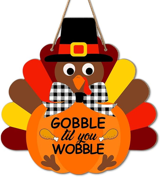 Thanksgiving Turkey Wooden Sign Wall Decor, Gobble Til You Wobble Thanksgiving Fall Welcome Wood Hanging Door Signs Decorations for Home Office Kitchen Front Door