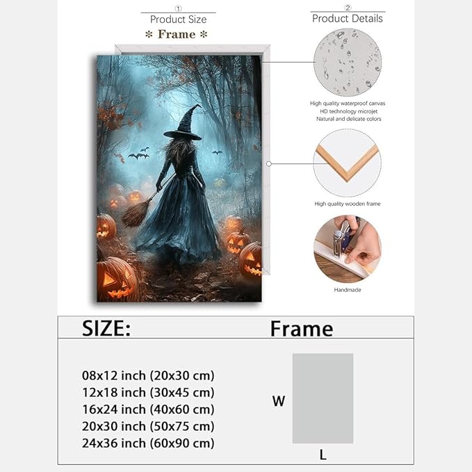 Vintage Moody Halloween Witch Artwork Wall Decor,Spooky Halloween Gothic Canvas Artwork Creepy Horror Witch with A Broom Pumpkin Bats Rustic Forest Picture,Dark Academia Poster,12"x18" Framed