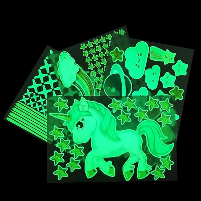 Glow in The Dark Unicorn Stickers, 206 pcs Cats and Moon Wall Decals, Glowing Castle Clouds Ceiling Decor for Kids Bedroom, Stars and Rainbow Wall Decor for Girls and Boys Gift