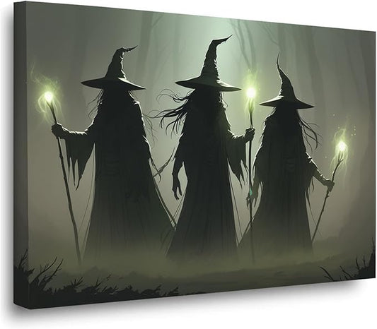 Vintage 3 witches canvas wall decor melancholy dark Halloween poster wall decor holding a staff print Gothic horror Halloween painting print for living room bedroom20x30in Wood Framed