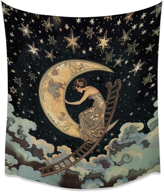 Dark Academia Gothic Aesthetic Tapestry ladder to The Moon and Stars Wall Hanging Print Trendy Vintage Art Nouveau Tapestries Decor for Home Bedroom Living Room 70x90inch