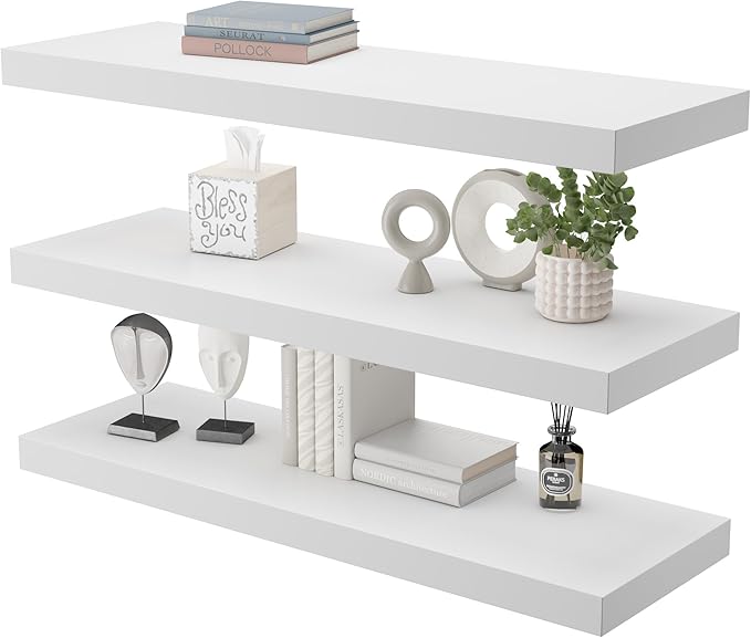 Large Floating Shelves for Wall Set of 3 Wooden Wall Shelves 24 in x 12.75 in x 2 in Room Decor Long Shelf with Invisible Wall Mount Bracket for Bedroom Kitchen Living Room White
