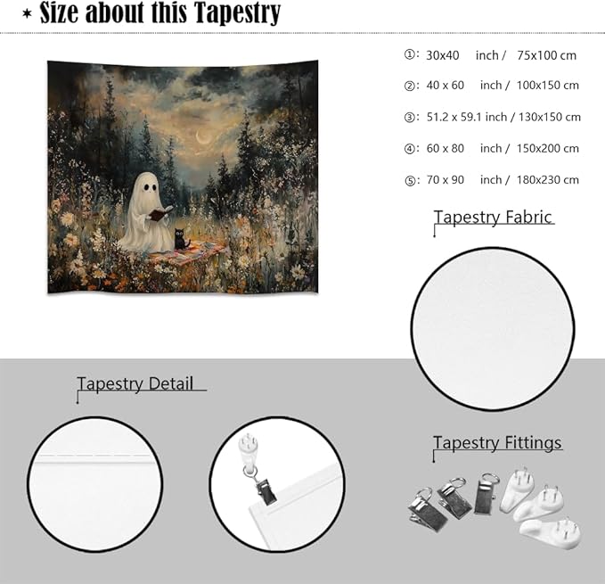 Halloween Ghost and Black Cat Tapestry Wall Hanging Spooky Ghos Reading Book in Wildflowers Wall Decor Halloween Witchy Room Aesthetic Tapestries for Goth Living Room Bedroom Decoration 50x60inch