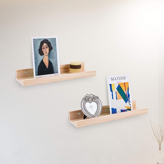 AZSKY Picture Ledge Shelf, Small Floating Shelves Set of 2, 16 Inches Nursery Book Shelves for Toys Storage, Kids Bookshelf Wall Mounted for Living Room Bedroom Decor Books Photo Frames,Natural