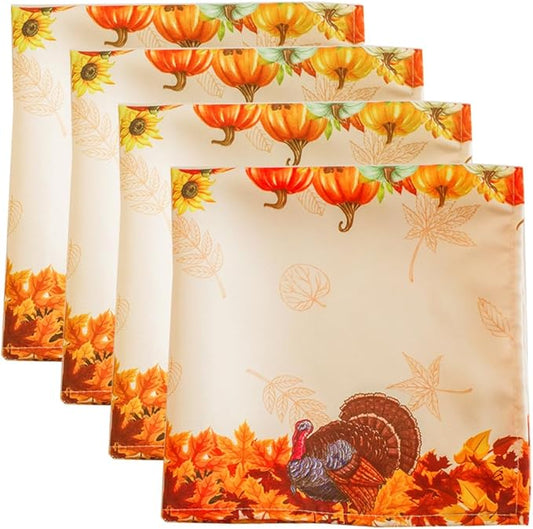 SASTYBALE Thanksgiving Napkin 2020 Inch Square Turkey & Pumpkin Pattern Cloth Napkins Sef of 4 Decorative Washable Table Cloth Napkins for Fall, Harvest, Holiday Dining