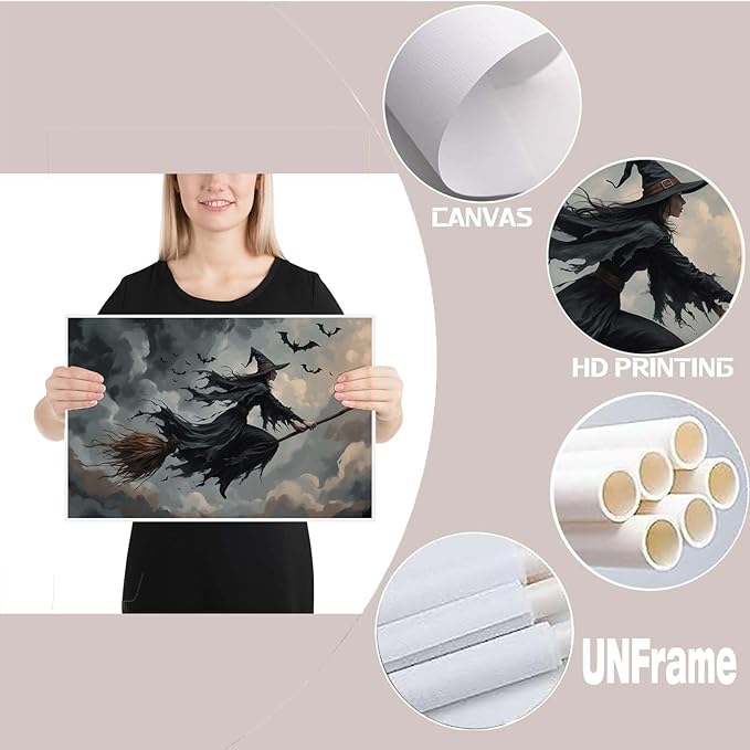 JFHCQJPK Witch and bat flying Halloween poster suitable for home party wall decoration retro Halloween preppy style wall art canvas print suitable for room decoration8x12in Frameless