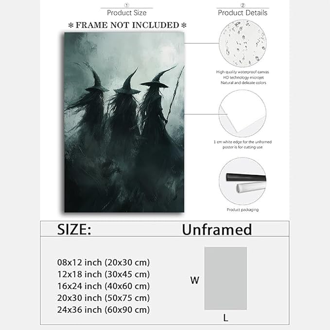 Gothic Witchs Horror Halloween Wall Art,Three Witches in Moody Forest Painting Wall Decor,Autumn Spooky Witches Forest Canvas Printing For Gallery Living Room Bedroom,16"x24" Unframed