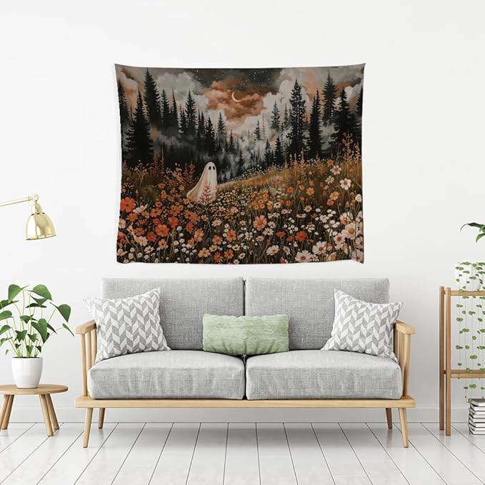Spooky Fall Forest Art Halloween Tapestry Wall Hanging Cute and Funny Forest Flower Ghost Tapestry for Bedroom Whimsical Dark Academia Aesthetic Tapestries for Home Living Room Decor 60x80inch
