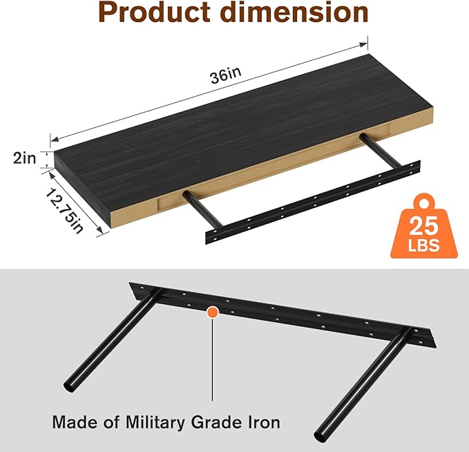 Large Floating Shelves for Wall Set of 1 Wooden Wall Shelves 36 in x 12.75 in x 2 in Room Decor Long Shelf with Invisible Wall Mount Bracket for Bedroom Kitchen Living Room Black Wood