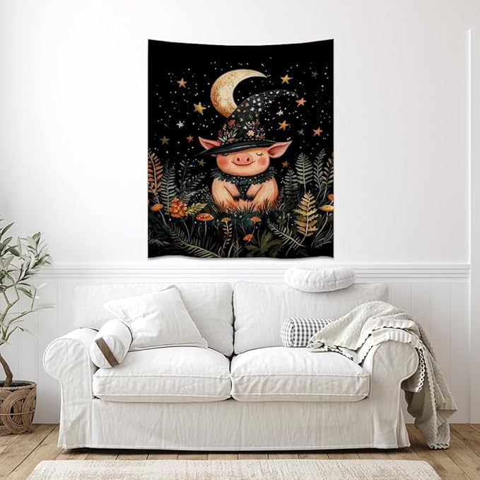 Whimsical Witch Pig Tapestry Wall Hanging Cute Farmhouse Animal Tapestry Aesthetic Moon and Stars Pictures Print Cottagecore Witchy Halloween Artwork Tapestries Decor for Living Room Bedroom 40x60inch