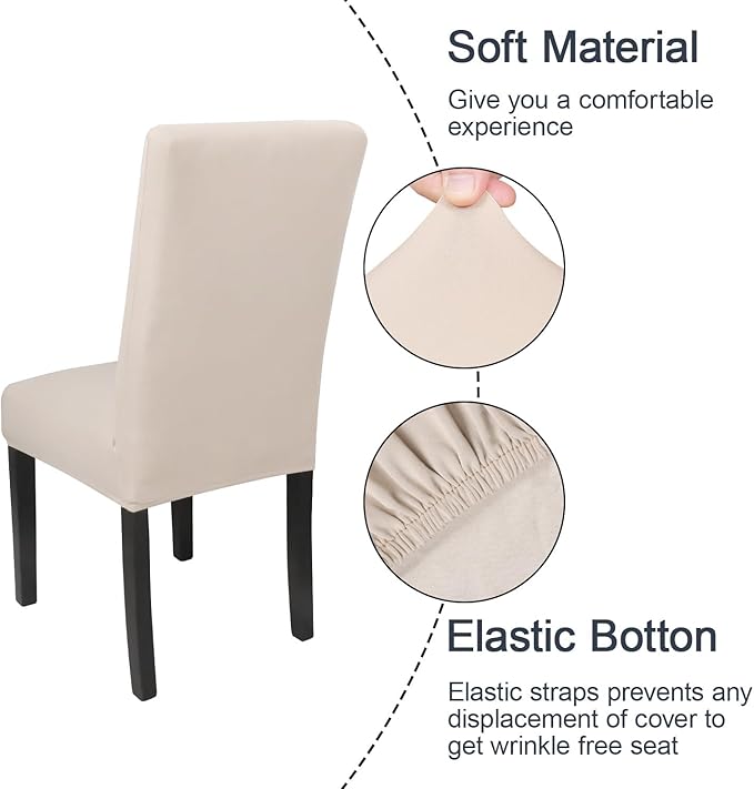 JQinHome 6 Pcs Dining Chair Slipcover,High Stretch Removable Washable Chair Seat Protector Cover for Home Party Hotel Wedding Ceremony (Beige White)