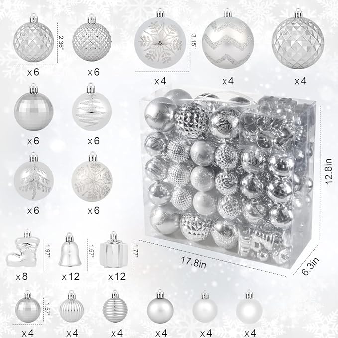 116Pcs Silver Christmas Ball Ornaments Set, Shatterproof Christmas Hanging Decoration Set with Gift Box, Assorted Decorative Baubles Set for Xmas Tree/Home/Wedding/Party/Holiday (Silver)