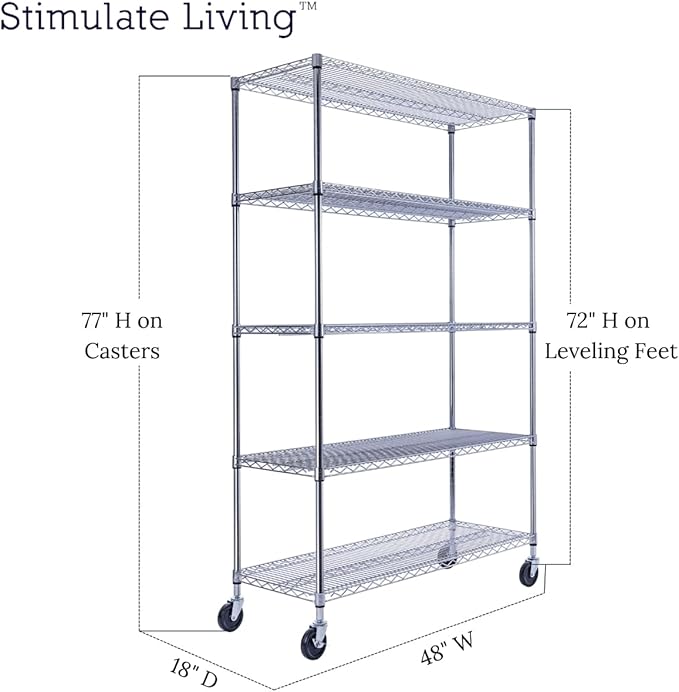48"x18"x72" PRIME HEAVY DUTY Chrome 5-Tier Wire Shelving NSF 4000 LBS MAX Capacity Storage Rack for Commercial, School, Home, Garage, Warehouse, Industrial, and Hospital Uses (with Wheels)