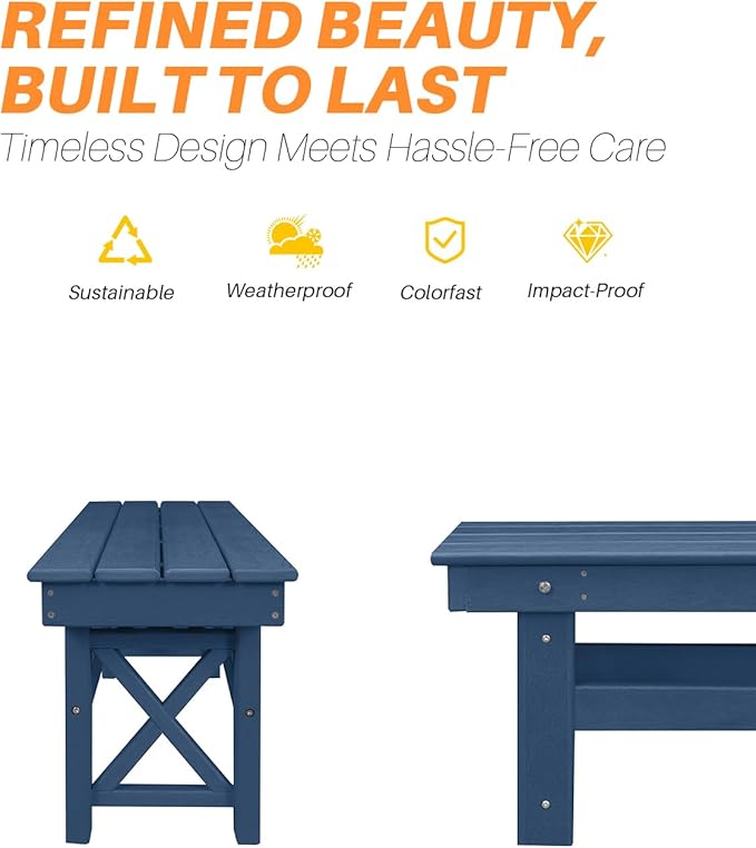 HDPE Outdoor Bench, 55" Patio Bench Outdoor Furniture, Poly Lumber Adirondack Benches, All Weather HDPE Garden Backless Benches for Park, Poolside, Deck, Porch, Navy