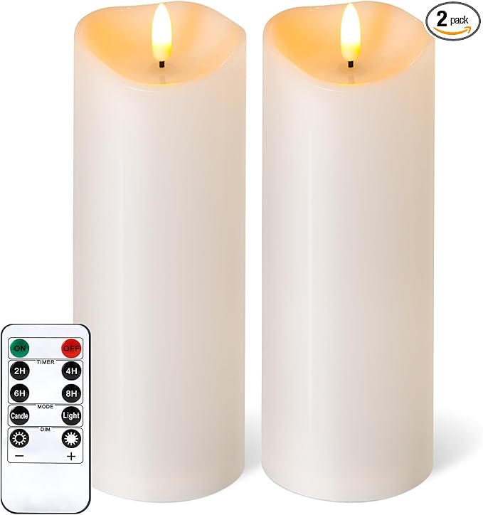 Outdoor Flameless Candles with Remote Timer - Waterproof Realistic Tall Flickering LED Electric Battery Operated Fake Candle for Holiday Home Wedding Fireplace Decor - Ivory White 2 Pack (8"8")